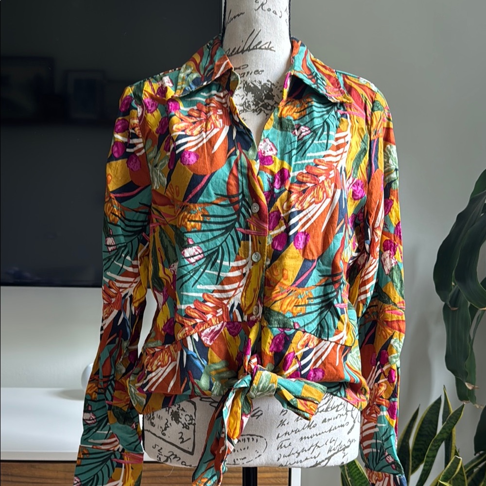 Panama Jack Orange Button Down Shirt with Tie Front and Graphic Design